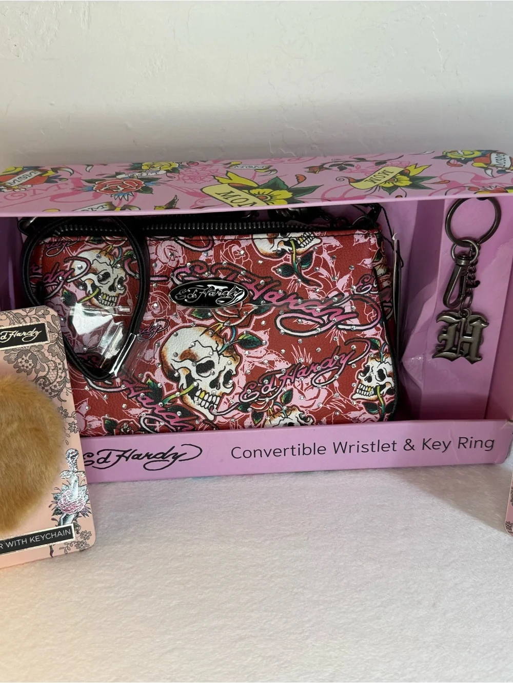 NWT Ed Hardy Y2K Skull Rose Convertible Wristlet Key Ring & Lipstick Liner Set